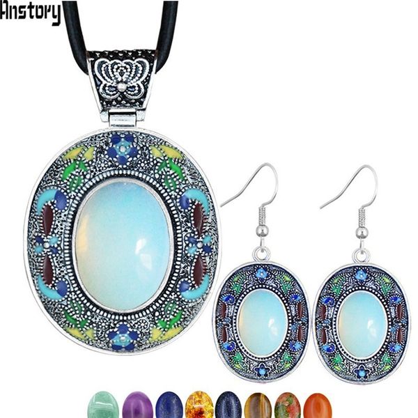 

vintage oval opal jewelry sets natural lapis tiger eey unakite quartz necklace earrings bohemia fashion jewelry ne+ea ts456, Silver