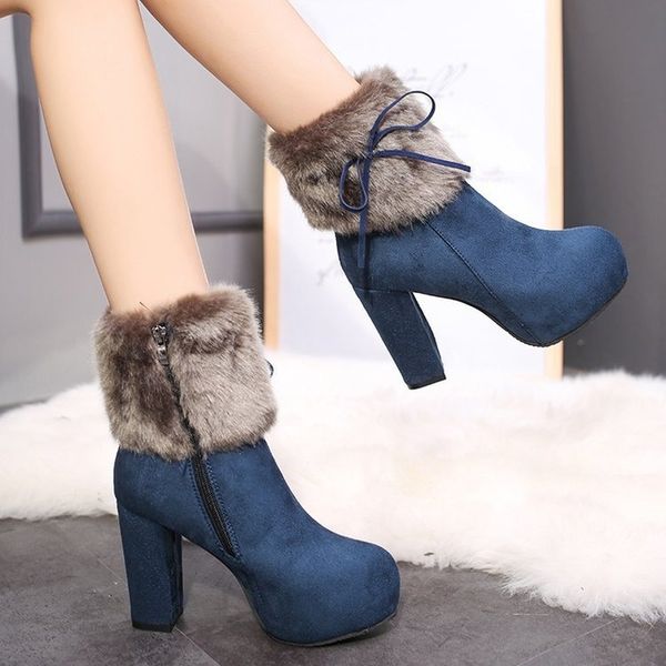 

2019 winter heel snow boots for women ankle boots warm plush snow booties women's fashion shoes high square heels, Black