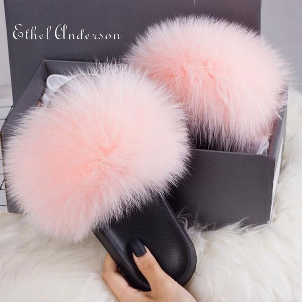 

100% real fur slides furry flat sandals lady sweet fluffy shoes party fur slippers woman home flip flop luxury femal shoe, Black