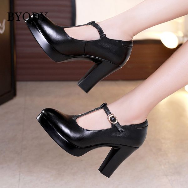

byqdy fashion office lady women high heel shoes pu leather round toe t strap platform pumps woman footwear plus size 42 43, Black