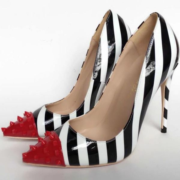

keshangjia mixed colors high heel shoes 2020 pointed toe rivets studded woman pumps thin heels dress shoes, Black