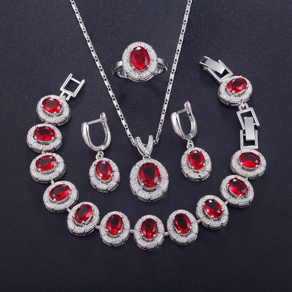 

925 sterling silver jewelry sets pendant necklace earring ring bracelet red zircon open ring t724 gifts for women
