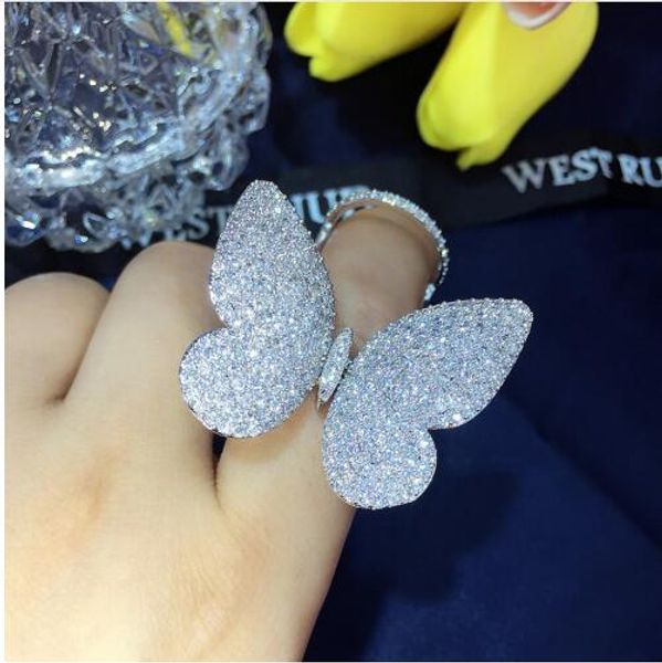 

fashion flying butterfly ring mirco pave 299pcs diamond 925 sterling silver party wedding band ring for women men jewelry, Slivery;golden