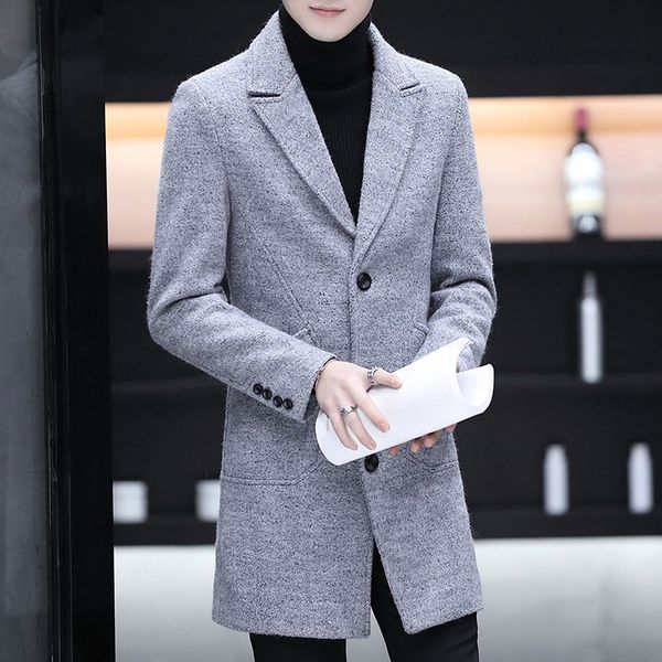 

male casual slim windbreaker overcoat jackets coats wool blends men jacket warm winter trench coat long outwear button overcoat, Tan;black