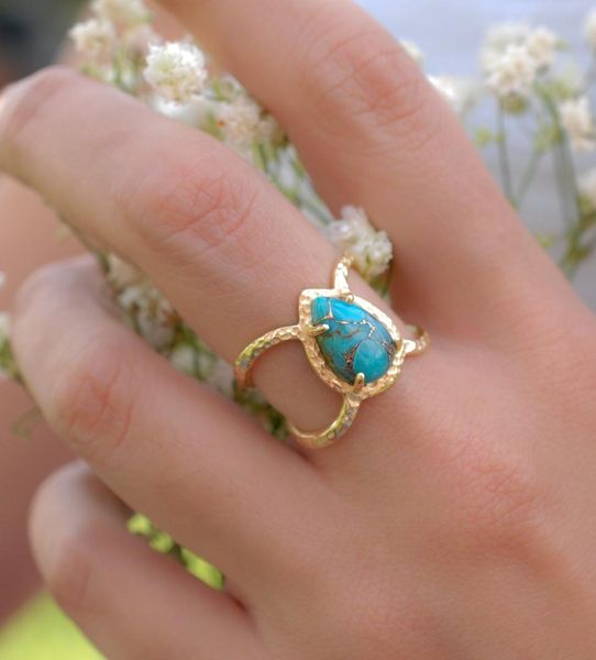 

boho female green stone ring yellow gold wedding jewelry promise rings for women cute big water drop ring emerald turquoise, Golden;silver