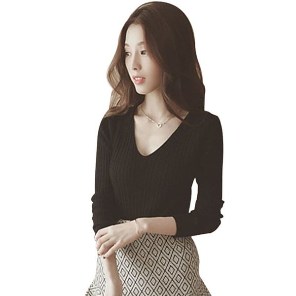 

2020 women v-neck autumn winter knitted long sleeve t-shirt, White