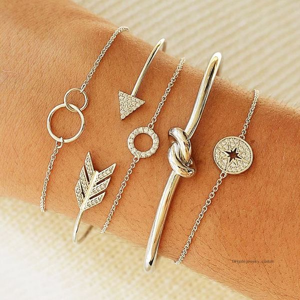 

5 pcs/set fashion gold silver arrow round crystal stars knotted geometric chain bracelet set women charm party jewelry gift, Golden;silver