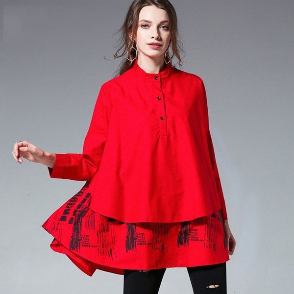 

blouses for women clothing 2019 new spring summer solid colour printed blouse long sleeve spliced stand big size loose shirt s05600l, White