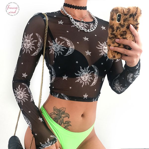 

black printed tshirt women transparent mesh long sleeve crop tees streetwear ladies t shirt party club 2019, White