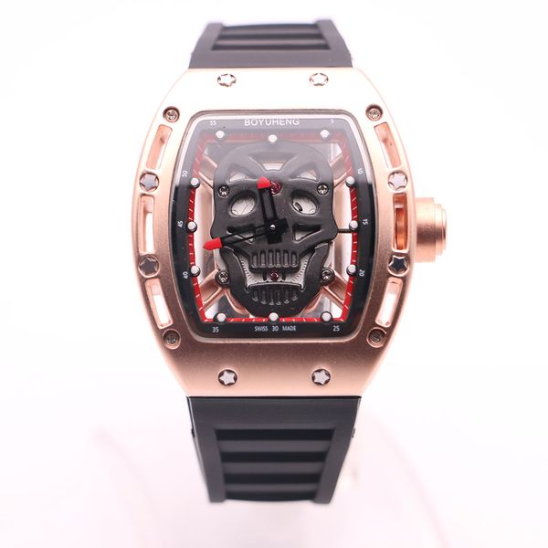 

luxury gold case boyuheng quartz 43mm mens watches skull head watch full transparent two red arrows hands wristwatches clock gift for man, Slivery;brown