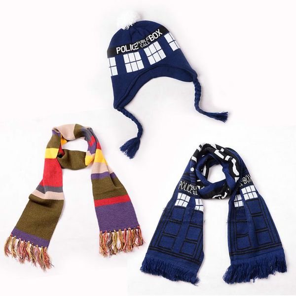 

dr doctor who public call box 8' blue tardis scarf tom baker knitted striped wrap knitting hat beanie gift cosplay costume props, Blue;gray