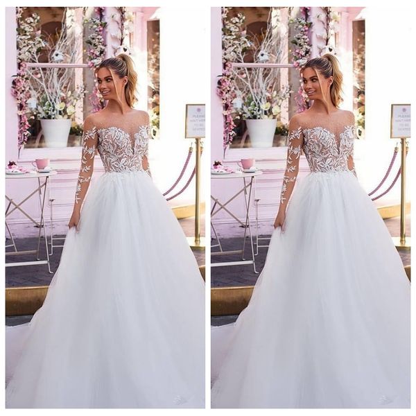

sheer long sleeves lace appliques 2020 modest soft tulle bridal gowns customized garden vestidos de mariee formal, White