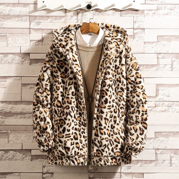 

polar fleece jacket parka winter men japanese hip hop streetwear casual coat male fashion leopard print cotton jackets, Black