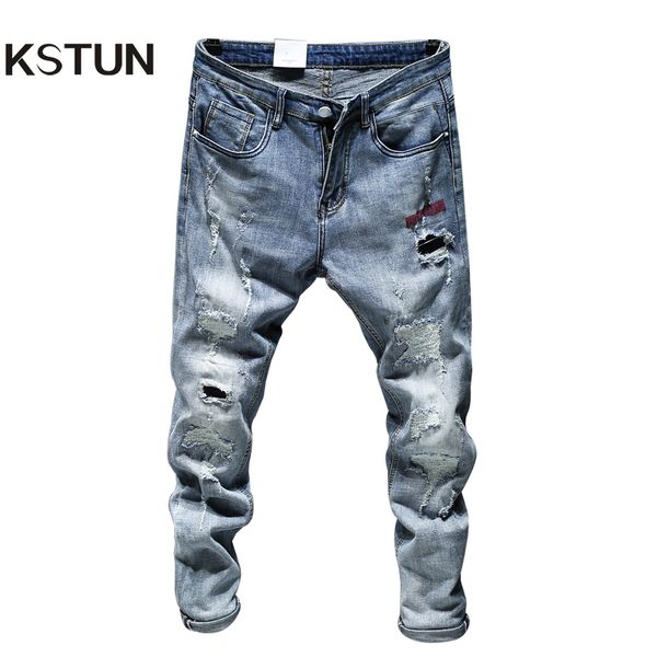 

mens jeans holes frayed ripped light blue skinny stretch slim leg streetwear paint motor biker jeans man joggers pants casual 38