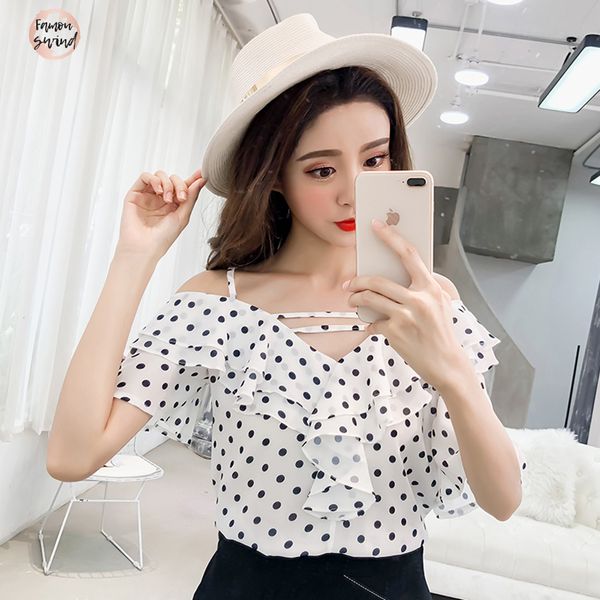 

мода 2019 женщина блузы sexy dot шифон женщин блузка летние с коротким рукавом женщин топы blusas женские блузки 0282 40, White