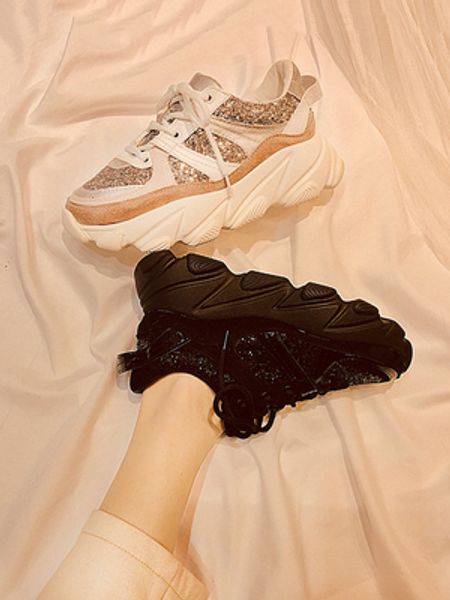 

sports shoes female ins super fire 2020 new wild korean version of the chic sequins fairy wisdom smoked old shoes tide, Black