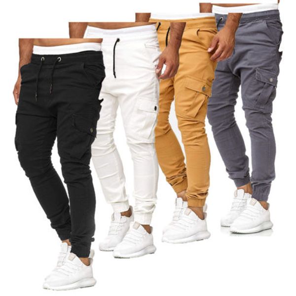 

2019 men's slim fit pants urban straight leg trousers casual pencil jogger long cargo pants bandage casual solid fashion new, Black