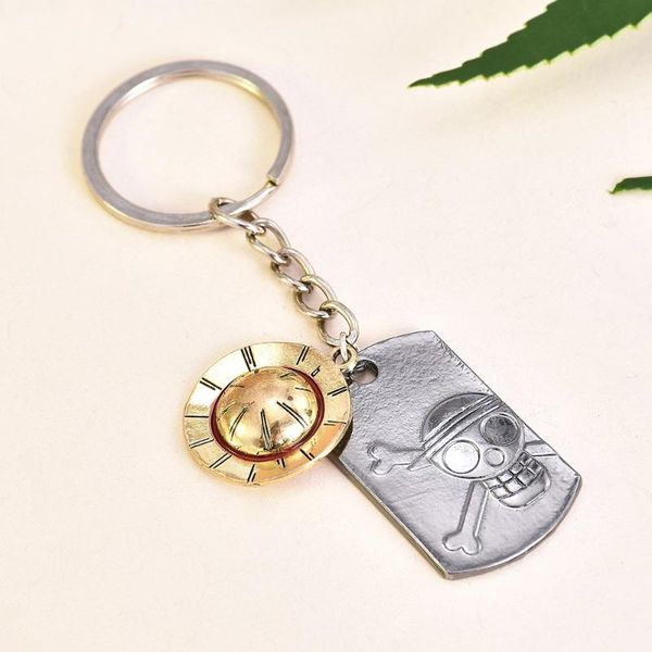 

popular anime one piece keychain luffy straw hat skull double pendants keychain fashion metal keyring for key holder trinkets, Silver