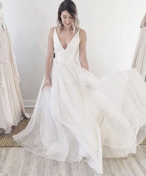 

elegant women's a-line long v-neck wedding dresses plus size floor length chiffon simple bridal gowns custom made, White