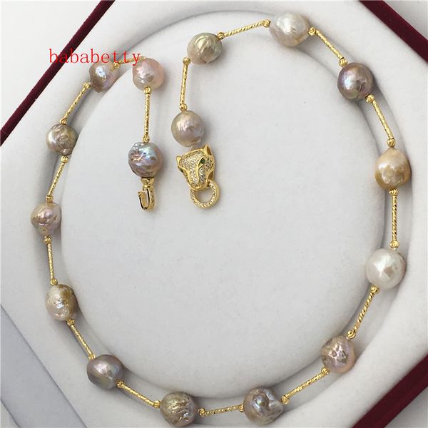 

new natural freshwater culture multicolor edison nucleus irregular pearl necklace leopard head clasp, Silver