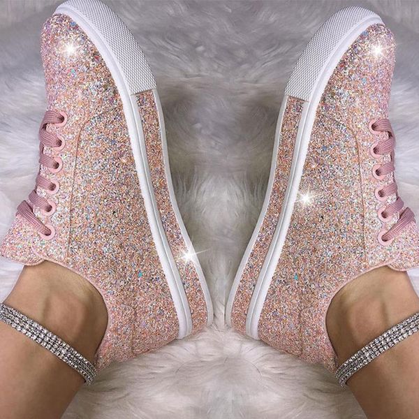 

women lace up sneakers glitter autumn flat vulcanized ladies bling casual female fashion platform plus size shoes 2020, Black