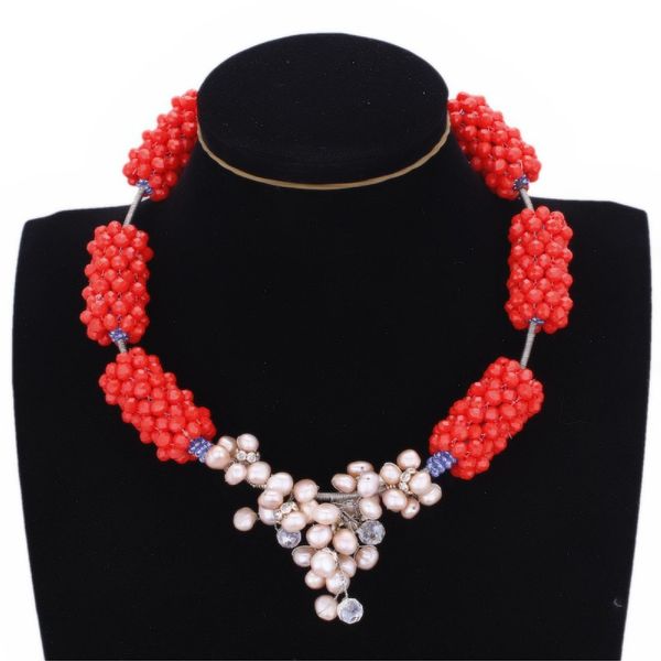 

dodu jewelry red balls freshwater pearls round pendant necklace choker jewelry african wedding beads nigerian jewellery fashion, Silver