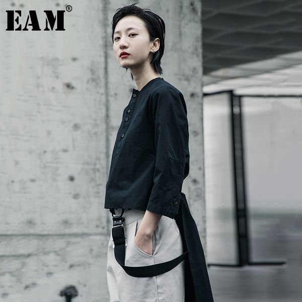 

eam] women black ribbon split joint blouse new stand collar long sleeve loose fit shirt fashion tide spring autumn 2020 1r605, White