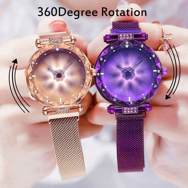 

women watches women's quartz magnet buckle stainless steel flower rotation watch female clock drop shipping, Slivery;brown