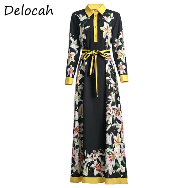 

delocah spring summer women dress runway fashion designer long sleeve simple button floral printed holiday slim maxi dresses, Black;gray
