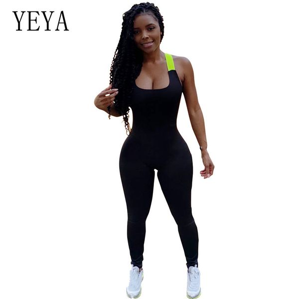 

yeya skinny patchwork summer tracksuit fitness playsuits women bandage backless jumpsuits spaghetti strap rompers outfits, Black;white