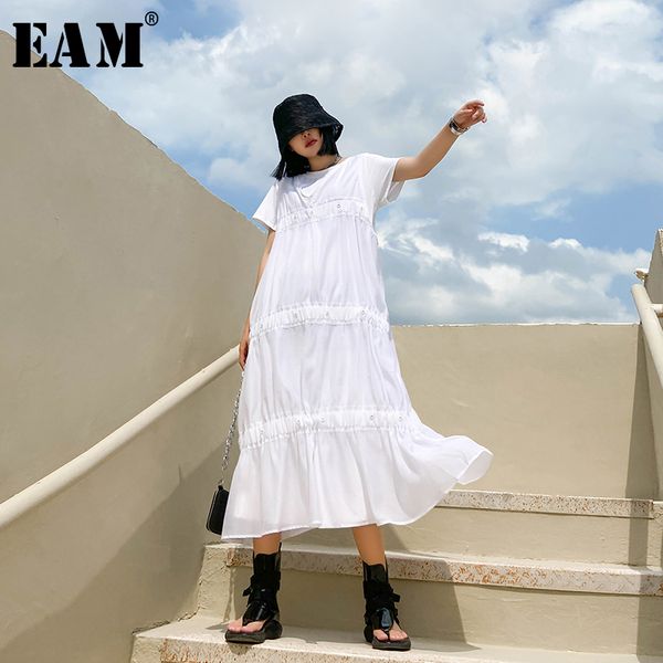

eam] women white pleated split big size two piece dress new round neck short sleeve loose fit fashion spring summer 2020 1u545, Black;gray