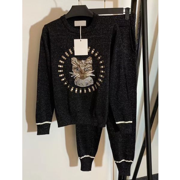 

11.13 fashion new cat embroidery pattern long sleeve pullover knitwear + elastic waist casual pants suit, White