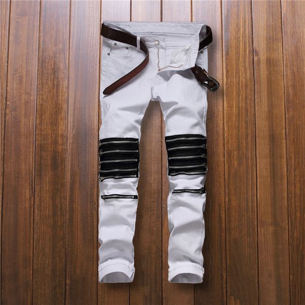 

2016 new male jeans zipper club knee white multi men slim cut destroyed denim fabric elastic biker jeans, Blue