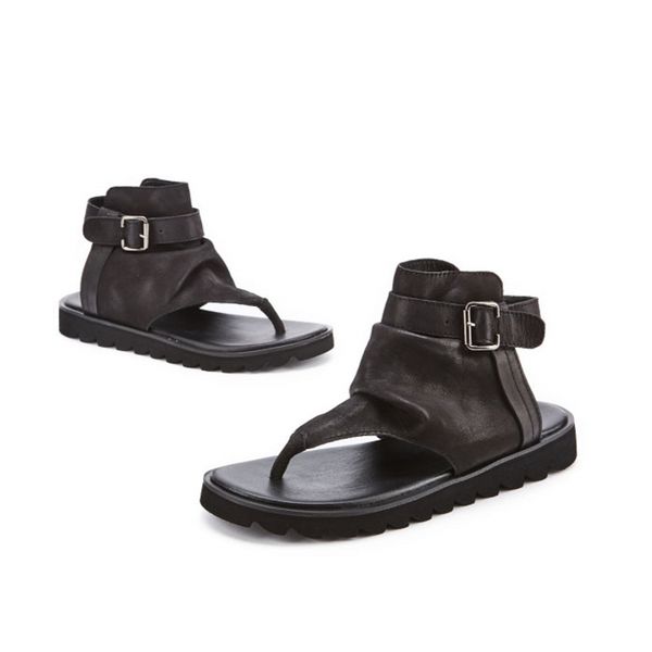 

vintage men buckle strap sandals gladiators british flip flops genuine leather summer shoes casual beach sandals, Black