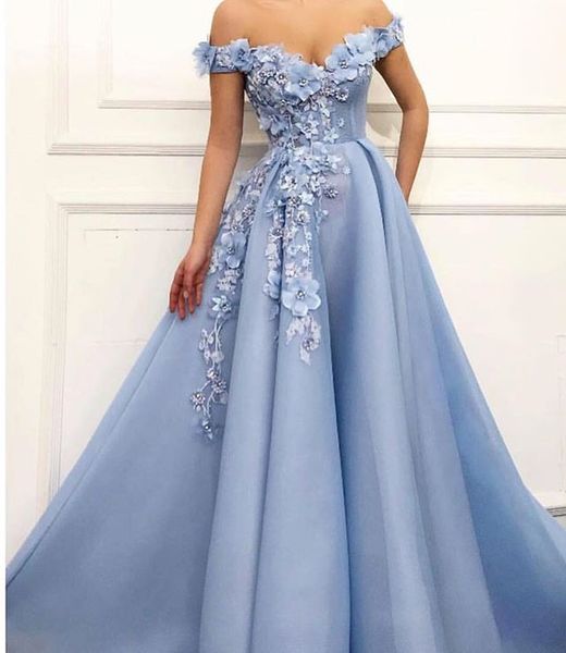 

2019 Элегантные вечерние платья с открытыми плечами 3D Аппликации Flora Бисероплетение Голубое светло-голубое платье в стиле Дубай Платья для выпускных