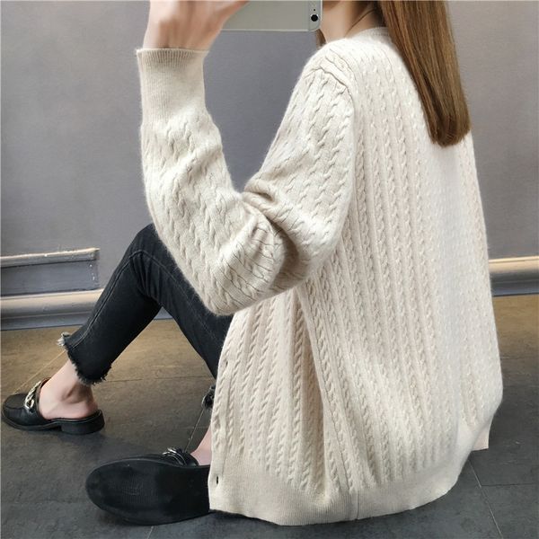 

woman round neck long sleeve knitting upper garment cardigan loose coat, Black