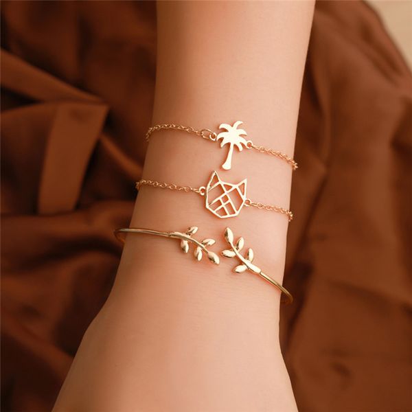 

3 шт. / компл. золото серебро сплава открытые манжеты браслеты / браслеты набор женщин листья кокосовое дерево цепи ссылка браслет женский п, Black