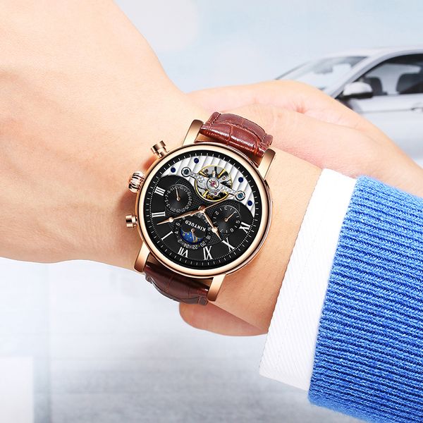 

kinyued mechanical mens watches automatic watch men skeletonleather waterproof male relogio 2019, Slivery;brown