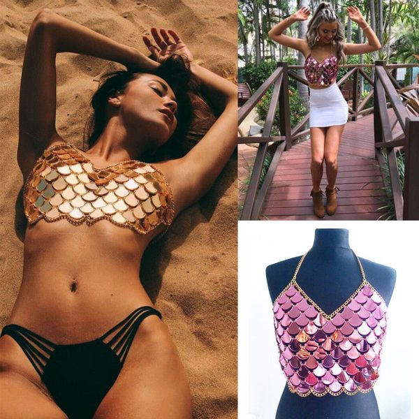 

2019 women camisole metal crop backless bralette summer beach sequin vest, White