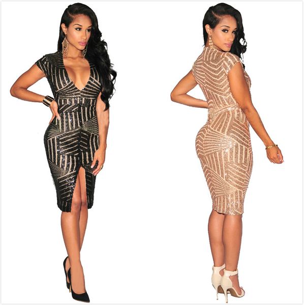 

bodycon deep v neck sequined dresses split short sleeves party fashion evening celebrate event robes femme ladies clubwear, Black;gray