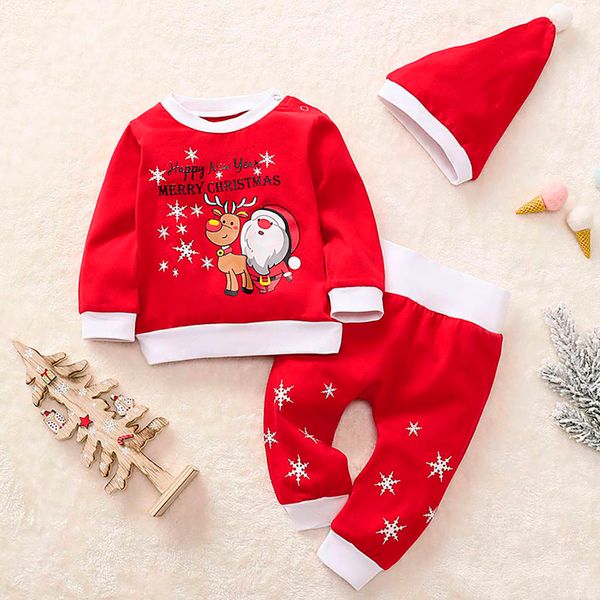 

baby christmas clothes boys girls christmas santa fawn print +pants+hats 3pcs children kids pajamas sleepwear outfits 3m-24m, White
