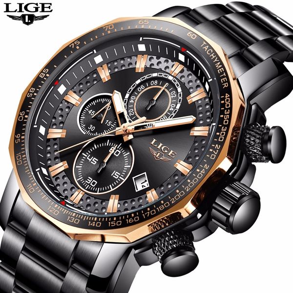 

lige stainless steel quartz wristwatch 2019 new fashion motion business mature men watches relogio masculino, Slivery;brown