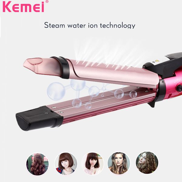 

kemei electric hair curler straightener 2 in 1 steam curling irons fashion twistline stretch digital dry&wet eu plug crimper