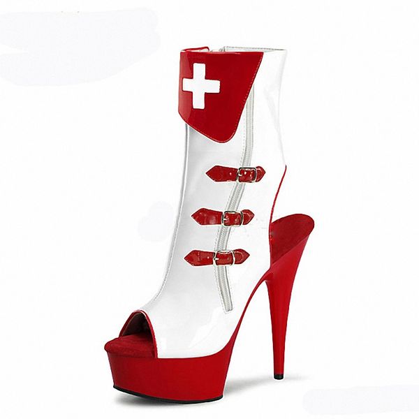 

15cm ankle boots peep toe buckle patchwork shoes 6 inch high heels round heels party shoes classics models sock boots club, Black