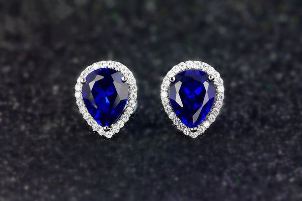 

female ladies blue stone stud earrings 925 silver small double earrings for women vintage wedding jewelry, Golden;silver