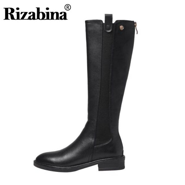 

rizabina women knee high boots real leather flats shoes women fashion party zipper flats boots office ladies footwear size 34-39, Black