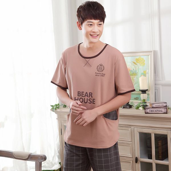 

мужчины новые тонкие мужские молодежные пижамы летом 2019 хлопок короткий рукав шорты две кусок набор случайных костюм пижамы наборы мужские, Black;brown