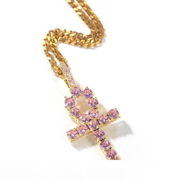 

iced out ankh cross pendant necklace mens hip hop pink cubic zirconia stones statement necklace fashion vintage couple jewelry, Silver