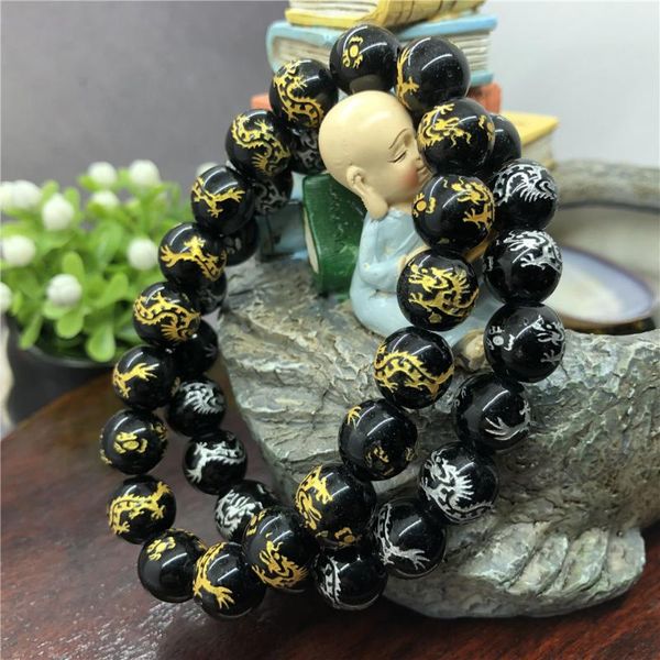 

gold silver dragon beads bracelet for man 10/12/14mm black stone charms