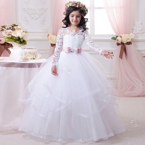 

white tulle flower girl dress with lace appliques holy first communion gowns lovely dress for cute girls ball gowns longo, Red;yellow